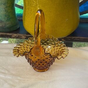 FENTON Amber Hobnail Glass Basket with Ruffled Edge